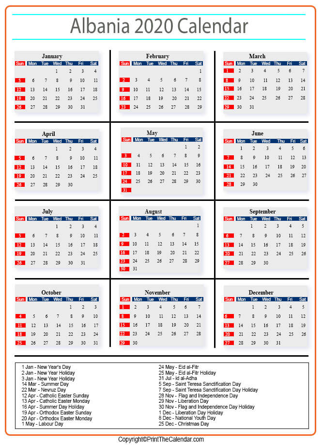 Albania Calendar 2020